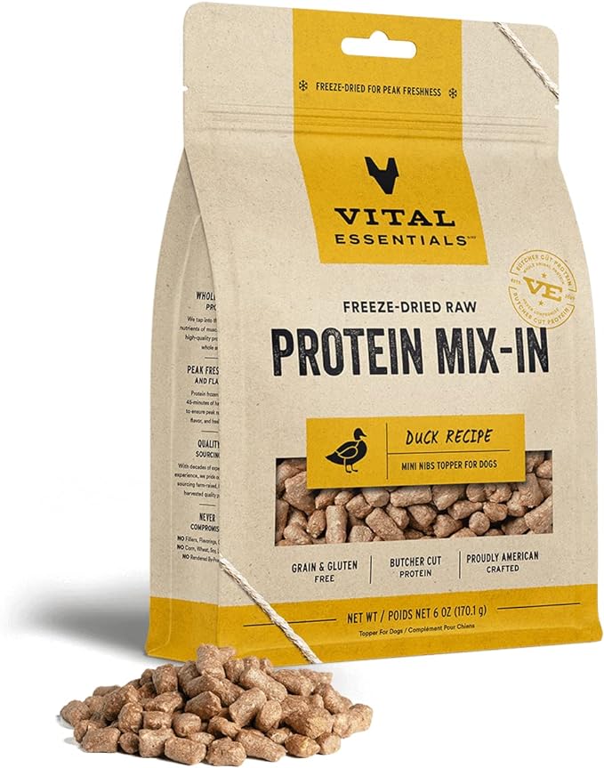 Vital Essentials Freeze Dried Raw Protein Mix-in Dog Food Topper, Duck Mini Nibs Topper for Dogs, 6 oz