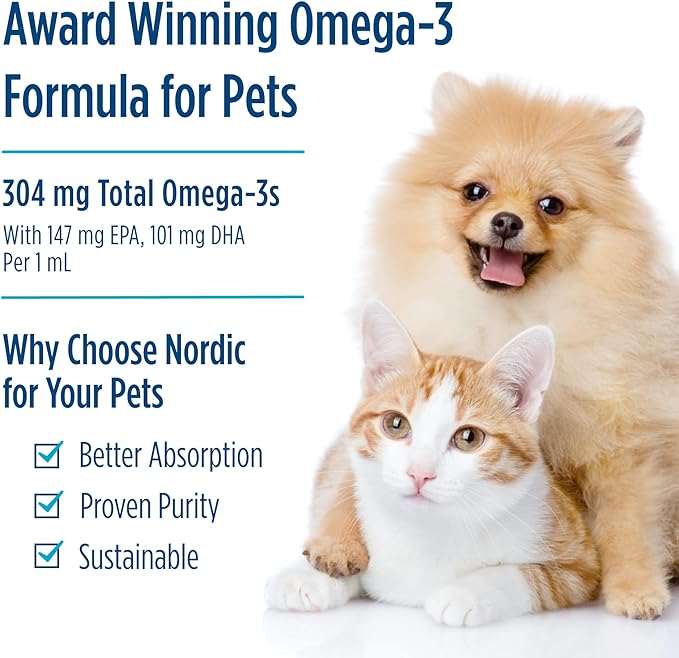 Nordic Naturals Omega-3 Pet, Unflavored - 2 oz - 304 mg Omega-3 Per One mL - Fish Oil for Small Dogs & Cats with EPA & DHA - Promotes Heart, Skin, Coat, Joint, & Immune Health