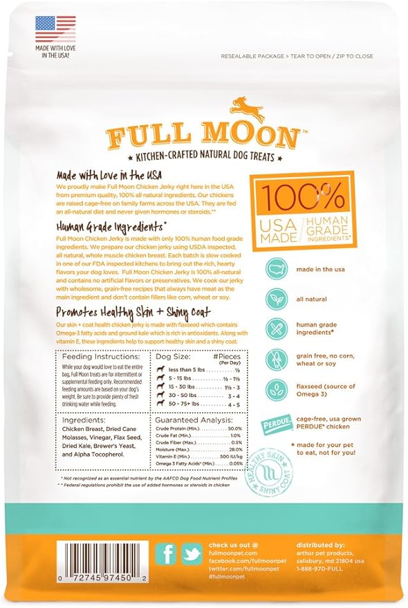 Full Moon All Natural Human Grade Dog Treats For Skin & Coat Health, Chicken Jerky, 6 Ounce