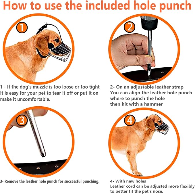 Dog Muzzle, Dog Metal Face Basket, Dog Mouth Breathable Adjustable Leather Leash Suitable for Large Medium-Sized Dogs (L)