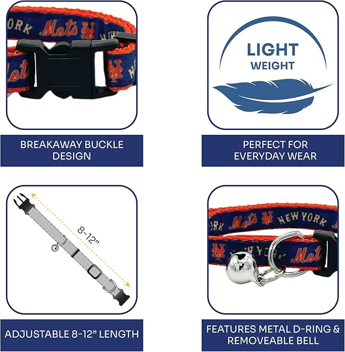 MLB CAT Collar New York Mets Satin Cat Collar Baseball Team Collar for Dogs & Cats. A Shiny & Colorful Cat Collar with Ringing Bell Pendant