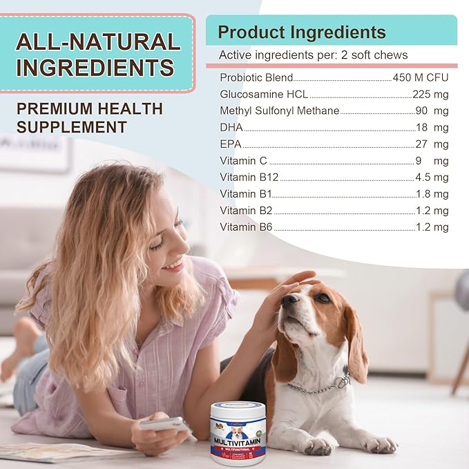 Multivitamin Dog Supplement with Glucosamine, Probiotics, Fish Oil - Promotes Healthy Skin and Coat, Supports Joint Health, Allergy Relief and Digestive Function (Chicken Flavor 90 Ct)