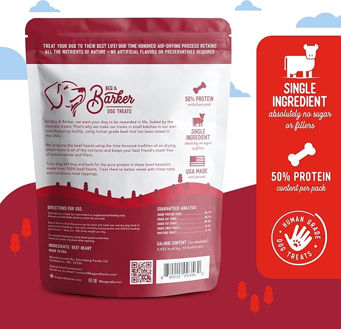 Beg & Barker Beef Dog Food Toppers for Picky Eaters (8 Ounce, Pack of 1) - Bowl Booster with Whole Beef Heart - Premium Meal Mixers for Dogs - Single Ingredient, Human Grade, Grain Free