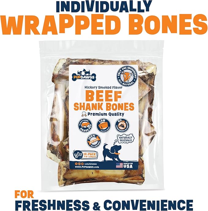 Dog Bones for Aggressive Chewers | 7-8" Hickory Smoked Flavor Beef Shank Bones | Dog Bones for Medium Dog | All Natural Dog Bone Treats Made in The USA - Individually Wrapped (10 Piece Pack)