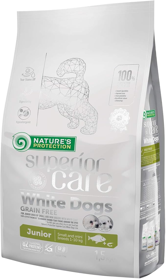 Nature's Protection Superior Care White Dogs Grain-Free Dry Dog Food for Junior Light Coated Dogs, White Fish, 3.3 lbs.