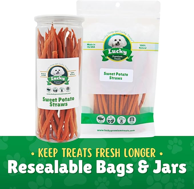 Lucky Premium Treats Sweet Potato Straws Dog Treats – Chewy Single Ingredient Treats Made in The USA – 7 oz Jar