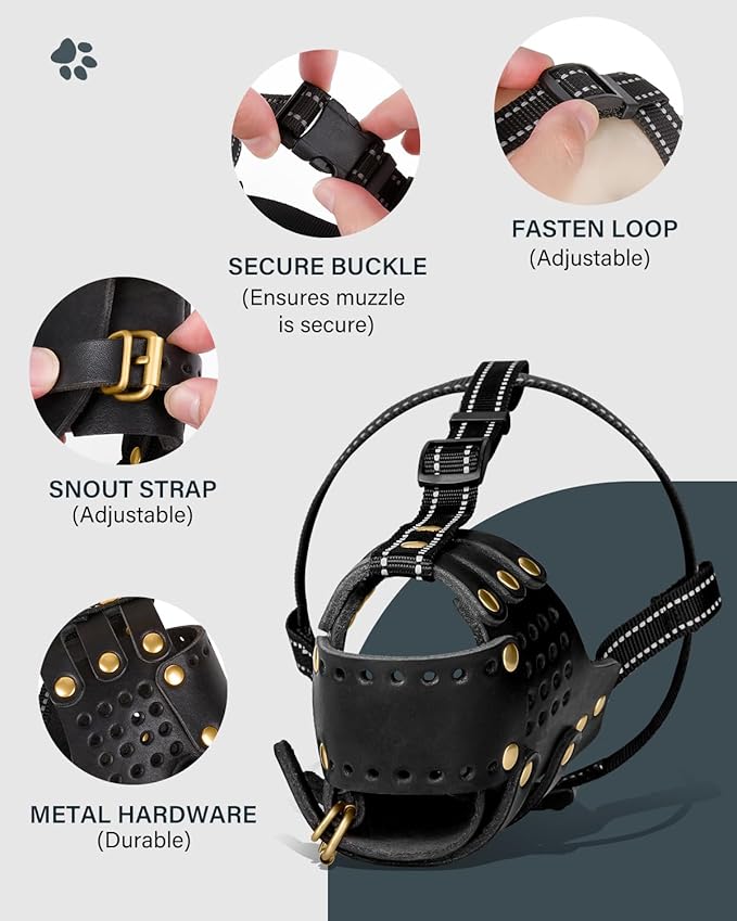 Dog Muzzle, Anti-Escape Leather Basket Muzzle for Medium and Large Dogs, Pitbull Dog Muzzle Leather Amstaff Muzzles Staffordshire Terrier Secure Basket, Prevents Biting, Barking and Chewing(Black,XL)