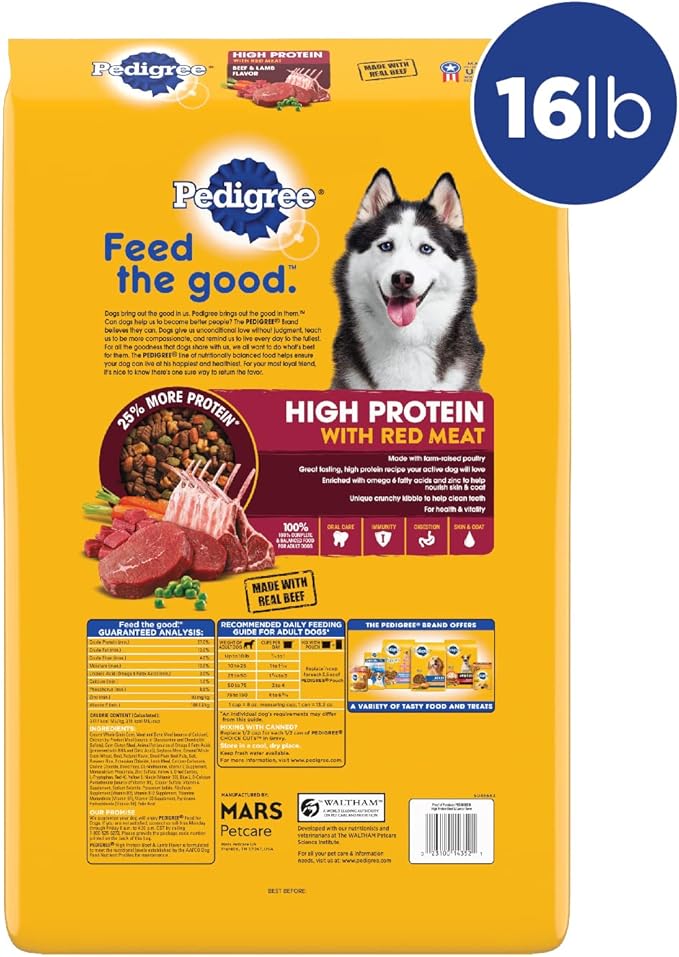 Pedigree High Protein Adult Dry Dog Food Beef and Lamb Flavor Dog Kibble, 16 lb. Bag