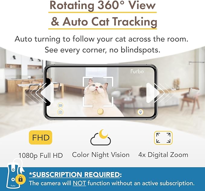 Furbo 360° Cat Camera + Nanny Bundle: Home Security & Cat Safety Alerts, Rotating Pet Treat Dispenser Camera with Speaker, Smart Home Indoor Cam w Phone App (Additional Subscription Required at Setup)
