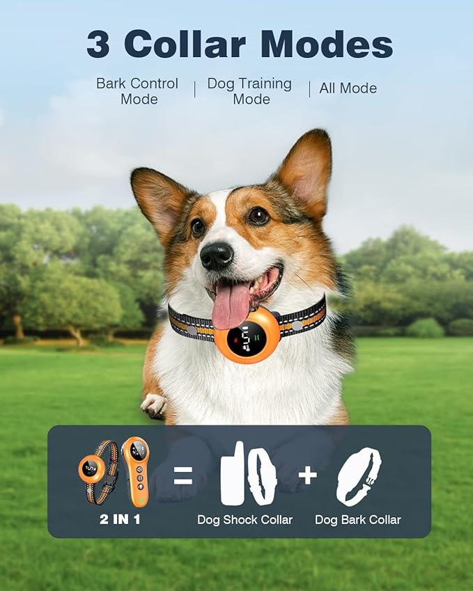 2-in-1 Dog Shock Collar & Dog Bark Collar - Smart Anti Barking Dog Training Collar with 5 Adjustable Sensitivity & 3300FT Remote for All Breeds IP67 Waterproof Rechargeable E-Collar (Orange)