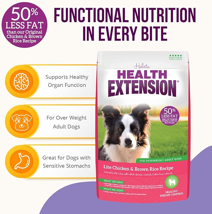 Health Extension Weight Control Dry Dog Food, Natural Food for Overweight Adult Dogs with added Vitamins & Mineral, Lite Chicken & Brown Rice Recipe (30 lbs / 13.6 kg)