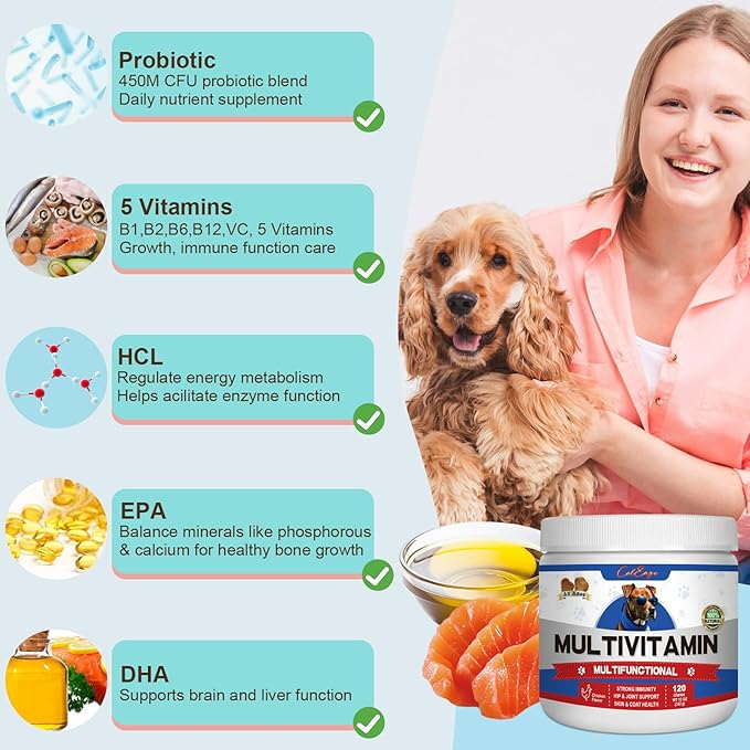 Multivitamin Dog Supplement with Glucosamine, Probiotics, Fish Oil - Promotes Healthy Skin and Coat, Supports Joint Health, Allergy Relief and Digestive Function (Chicken Flavor 120 ct)