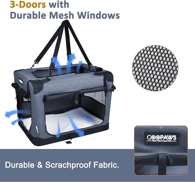 JESPET 36'' Soft Pet Crates Kennel, 3 Door Soft Sided Folding Travel Pet Carrier with Straps and Fleece Mat for Dogs, Cats, Indoor/Outdoor Use with Black (36" L x 24" W x 27" H, Grey)