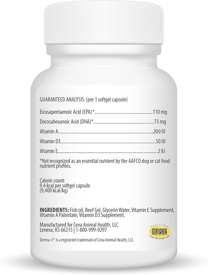 Ceva Derma-3 Softgels, Omega-3 Fatty Acid & Vitamin Supplement for Small Dogs & Cats (60 Count)