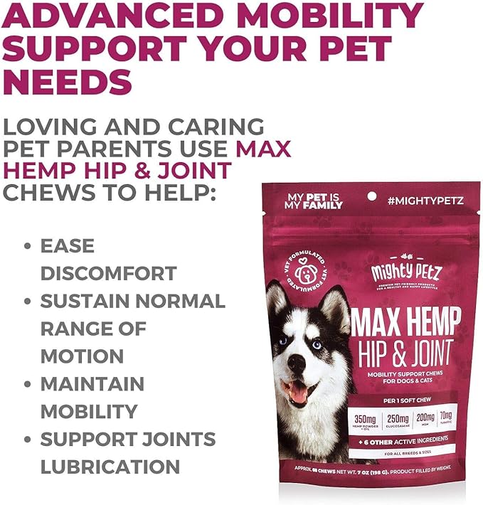 Mighty Petz MAX Hemp Joint Supplement for Dogs - Glucosamine Chondroitin for Dogs. Advanced Mobility Support, Hip & Joint Relief Chews with MSM, Turmeric & Omega-3