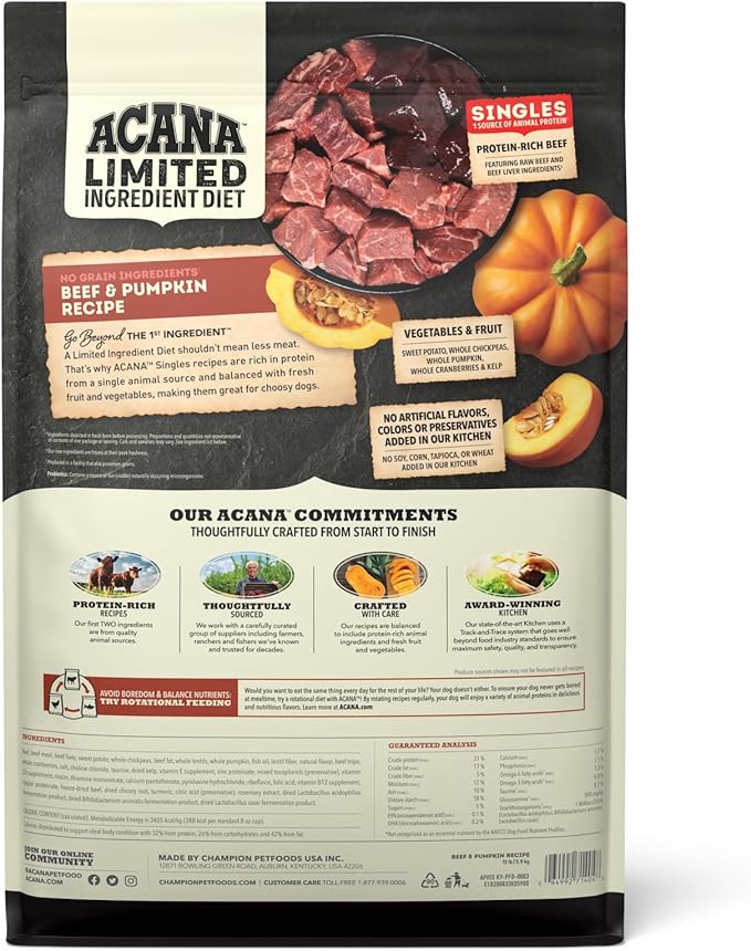 ACANA Singles Limited Ingredient Dry Dog Food, Beef & Pumpkin Recipe, Grain Free Beef Dry Dog Food, 13lb