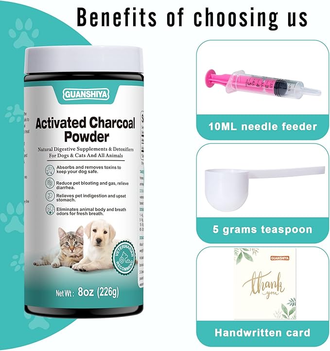 Activated Charcoal for Dogs, Cats, and All Pets, 8oz(Powder), Activated Charcoal Powder for Poisonings, Digestive Upset, and Diarrhea, Eliminates Odors, Non-GMO, Gluten Free
