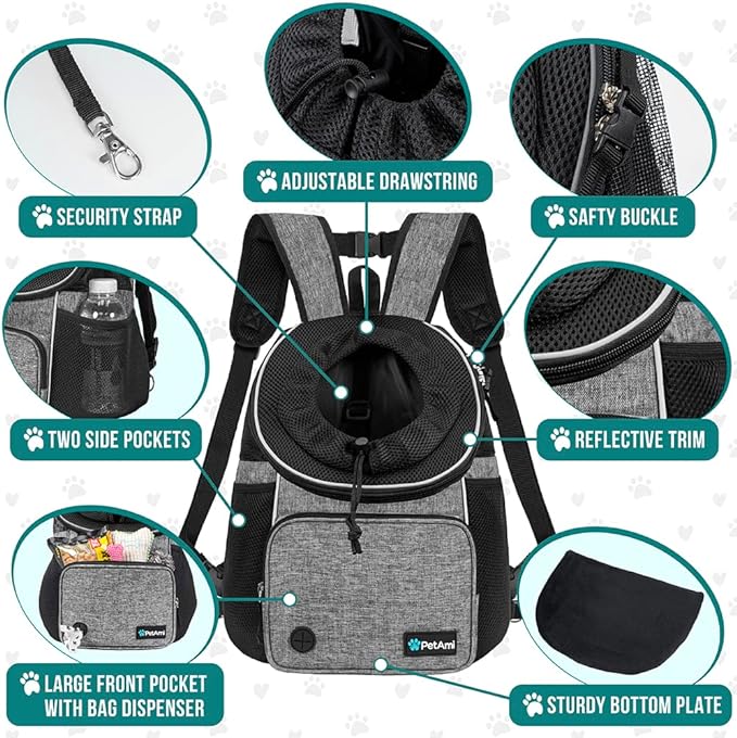 PetAmi Dog Front Carrier Backpack, Adjustable Dog Pet Cat Chest Carrier Backpack, Ventilated Dog Carrier for Hiking Camping Travel, Small Medium Dog Puppy Large Cat Carrying Bag, Max 15 lbs, Gray