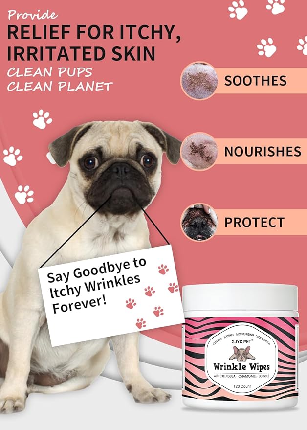 Natural Wrinkle Wipes for Dogs, 120 Count, Hypoallergenic Dog Wipes, Wrinkle Wipes French Bulldog, Cleaning & Deodorizing, Dog Wipes for Grooming Faces, Paws & Butts