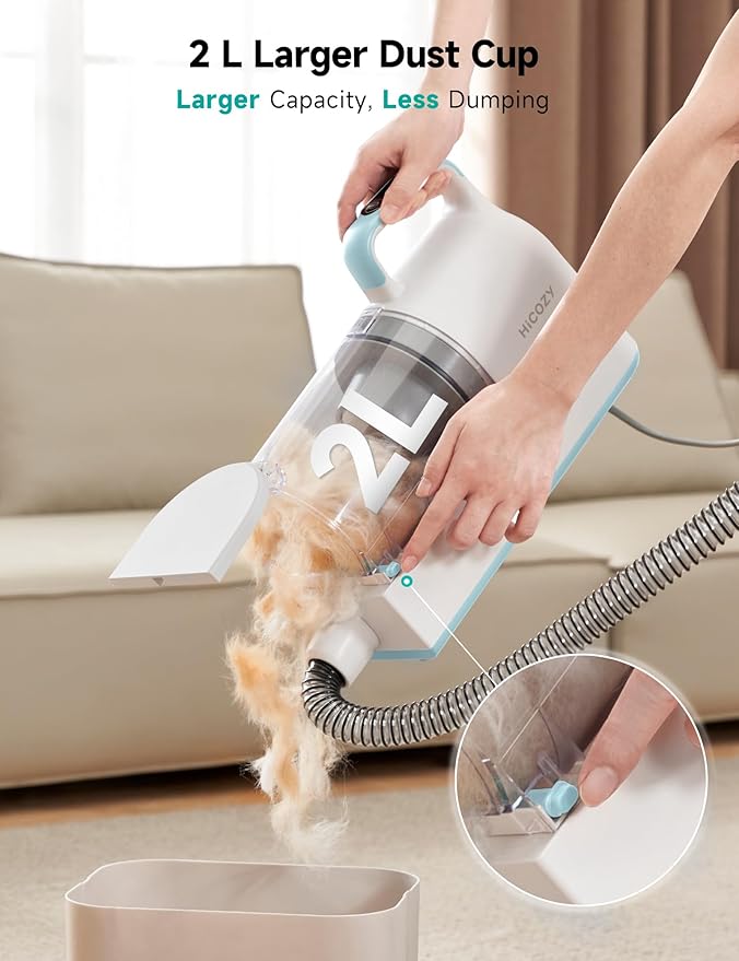 Hicozy S1+ Dog Grooming Vacuum, Minimum 45dB Pet Friendly Cozy Mode™, 12Kpa/120V AC Dog Hair Vacuum with 2L Dust Cup, 6 Professional Grooming Tools Pet Vacuum Grooming Kit, Blue