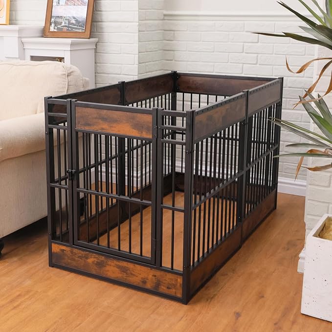 Dog Fence Heavy Duty Exercise Pen Safe and Sturdy,31"- 63" Inch Extendable,31.5" Height,Easy Assemble,Single Door,Outdoor Indoor pet playpen (Rustic Brown)