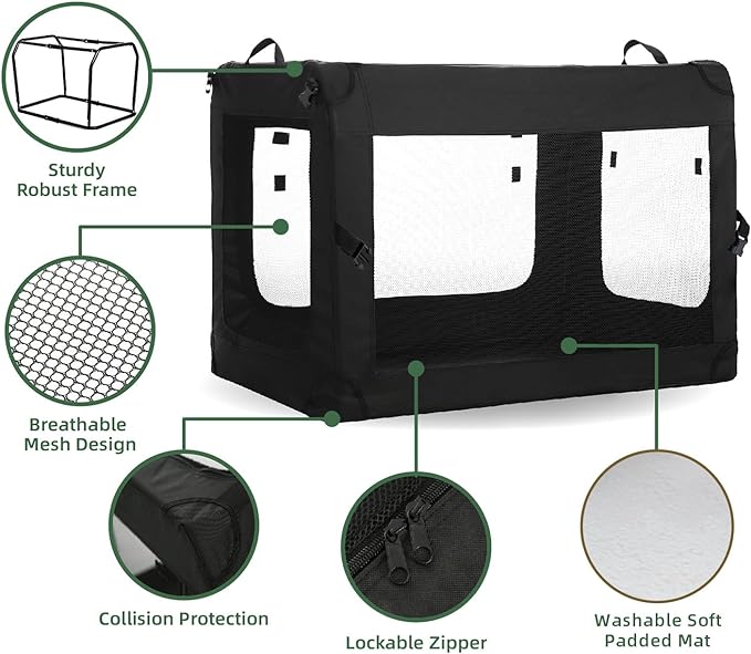 24 inch 3-Door Collapsible Dog Crate for Small Dogs, Portable Dog Travel Crate for Indoor & Outdoor, Soft Side Puppy Foldable Kennel Cage with Durable Mesh Windows & Strong Steel Frame