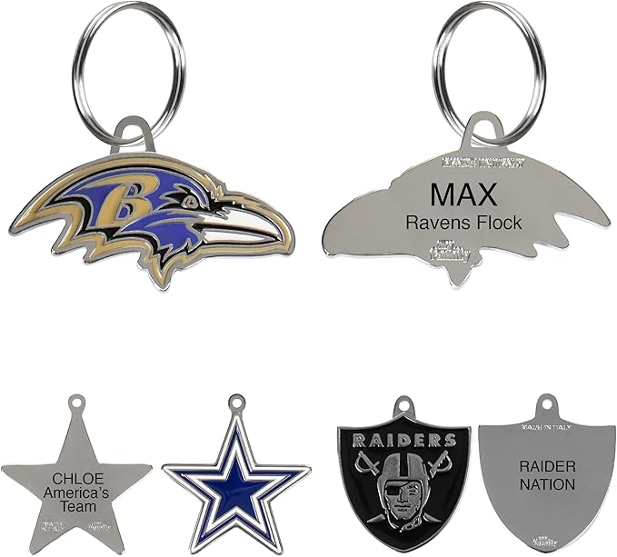 NFL Baltimore Ravens Engraving Pet ID Tags in 32 Team Logo Shapes Personalized Dog Tags and Cat Tags with 3 Lines of Customizable Text for Tracking & Safety. Stainless Steel Pet ID Tracking Tags