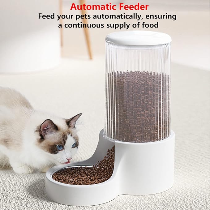 Automatic Cat Feeder, 3.8L Large Automatic Cat Feeders Gravity Cat Food Dispenser with Detachable Top Lid, Visible Bottle and Stainless Steel Bowl for Cat, Dog and Pet (White)