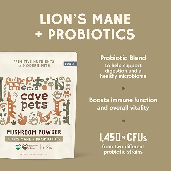 Super Blend Powder, Mushroom Mycelium and Dog Probiotic Supplement for Brain and Digestive Health Support, Lion’s Mane & Probiotic, Lion's Mane + Probiotics
