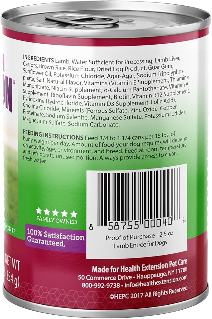 Health Extension Wet Dog Food Canned, Natural Food for all Puppies & Dogs with added Vitamins & Mineral, Lamb Entree (12.5 Oz / 374 g) (Pack of 12)