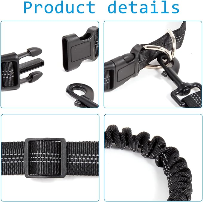 Hands Free Dog Leash with Zipper Pouch, Dual Padded Handles and Durable Bungee for Walking, Jogging and Running Your Dog, Waist Belt Dog Leash, Reflective Running Traction (Black)