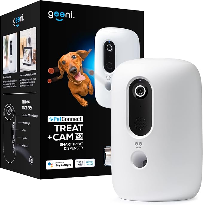 Geeni PetConnect Treat + Cam, Smart Treat Dispenser with Smart Home Pet Camera, Timer & Voice, Automatic Dog or Cat Feeder, Compatible with Alexa & Google