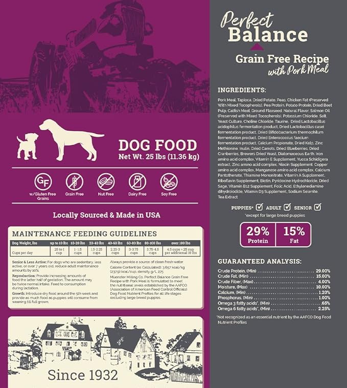 Muenster Perfect Balance Pork Meal Grain Free Recipe – Gluten Free Dry Dog Food - Complete and Balanced Kibble for Large, Medium or Small Breed Dogs, 25 lb