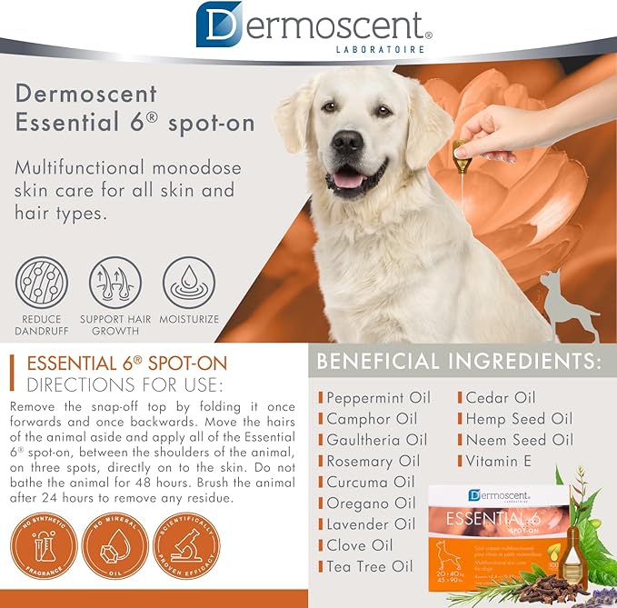 Dermoscent Essential 6 spot-on - Dog Skin Care for Dandruff & Allergy Relief with Vitamin E Oil - Anti Itch for Dogs - Natural Ingredients for Sensitive Skin - Dogs 20-40 kg - 4 Pipettes of 2.4 ml