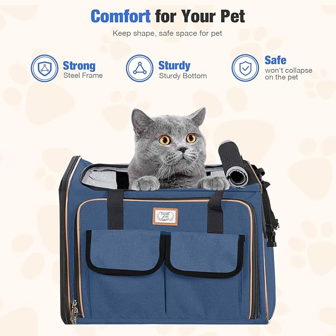 Lekereise Airline Approved Cat Dog Carrier with Wheels Expandable Rolling Pet Carrier for Medium Dogs and Cats Under 15 25LBS, Pet Travel Carrier on Wheels, Blue