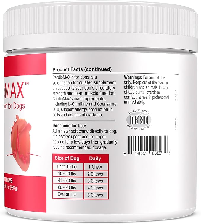 Cardio MAX Heart Support Supplement for Dogs - L-Taurine, L-Carnitine, EPA and DHA, Coenzyme Q10 - Aids Circulatory Strength, Cardiovascular Support, Heart Muscle Function- 60 Soft Chews