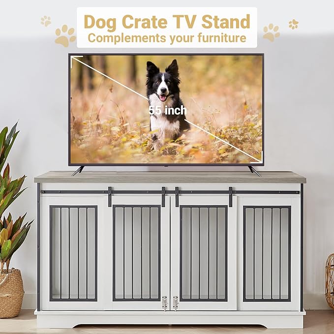 61'' Double Dog Crate Furniture for 2 Dogs, Large Double Dog Kennel Furniture TV Stand, Heavy Duty Dog Crate, Furniture Style Dog Crate End Table, Wood Crates for Dogs Kennel Indoor