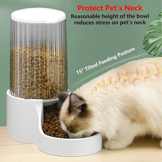 Automatic Cat Feeder, 3.8L Large Automatic Cat Feeders Gravity Cat Food Dispenser with Detachable Top Lid, Visible Bottle and Stainless Steel Bowl for Cat, Dog and Pet (White)