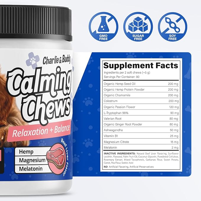 Charlie & Buddy Calming Chews for Dogs, Dog Anxiety Relief, Promote Relaxation, Dog Calming Chews with Melatonin for Dogs, Chamomile, Magnesium Citrate, 90 Soft Chews, Beef Liver Flavor