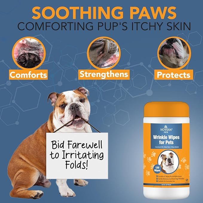 NOVEHA Wrinkle XL Wipes for Dogs | Wrinkle Wipes for Bulldog, French Bulldog, Pug, English Bulldog – Wipes for Multiple Areas Removes Dirt, Wrinkles, Folds, Tear Stain, Tail Pockets & Paws (120 Wipes)