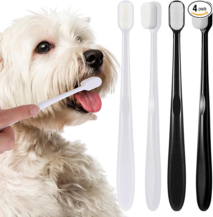 Dog Toothbrush, 4 Pcs Soft Dog Tooth Brushing Kit, Puppy Toothbrush Long Handle Pet Toothbrush Universal for Pet Dogs Teeth Cleaning and Oral Care Dental Hygiene Convenient (Black, White)