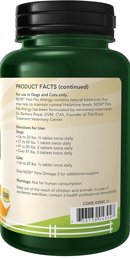 NOW Pet Health, Pet Allergy Supplement, Formulated for Cats & Dogs, NASC Certified, 75 Chewable Tablets
