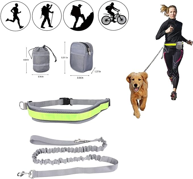 Outdoor Hands Free Dog Leash with Zipper Pouch,Reflective Dog Running Leash Belt Bag Bungee Waist Leash Leash Kit for Medium Large Dogs' Training and Walking Hiking Jogging Biking (Grey)