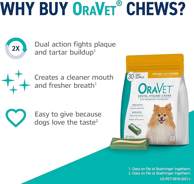 OraVet Dental Chews for Dogs, Oral Care and Hygiene Chews (Extra Small Dogs, 3.5-9 lbs.) Yellow Pouch, 30 Count