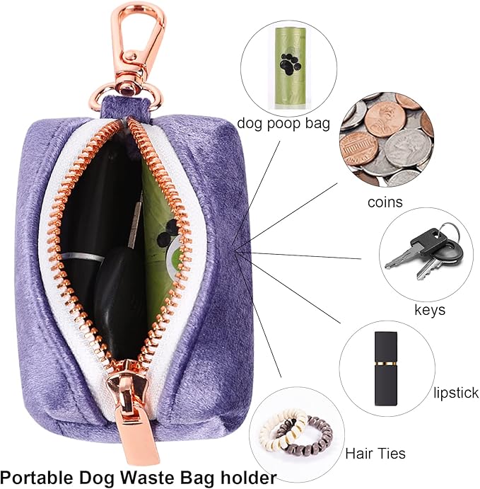 ARING PET Dog Waste Bag Dispenser, Velvet Doggy Poop Bags Holders Attach to Any Leashes, Purple Portable Washable Pet Waste Pouch Dispenser with Metal Zipper