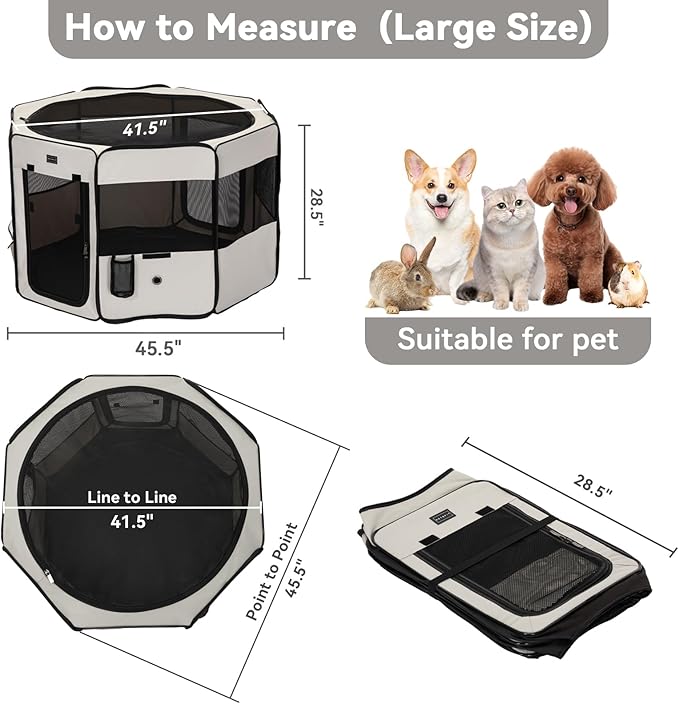 PETSFIT Dog Playpen, 45.5" Sturdy Pop Up Dog Kennel Foldable Dog Pen Indoor Outdoor Puppy Playpen for Medium Dogs Cats with Traveling Bag Zipper Sealed Removable Mesh Top Leakproof Bottom Mat Beige L
