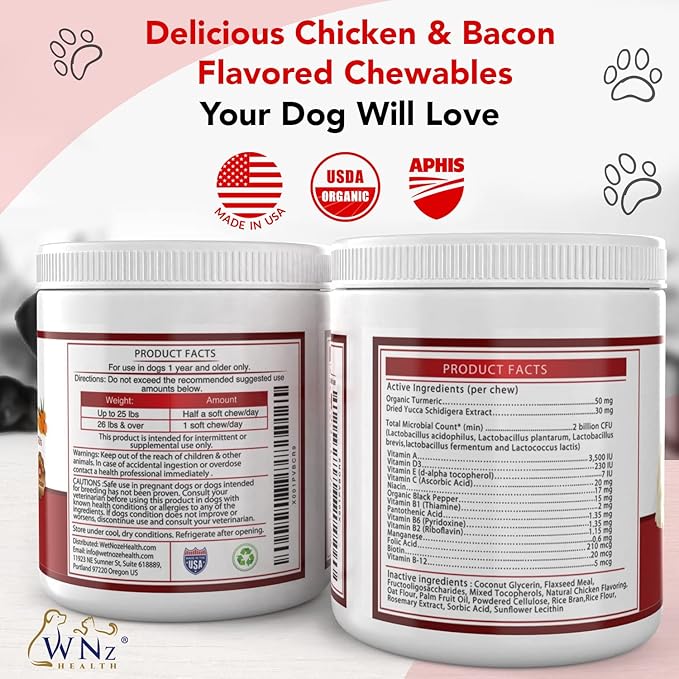 Dog Multivitamins and Supplements, Probiotics for Dogs w/Turmeric & Yucca, Probiotic Dog Chews for Brain Function, Gut & Immune Support, Joint Health & Anti-Inflammatory Supplement, 60 Chews, 8.4 oz