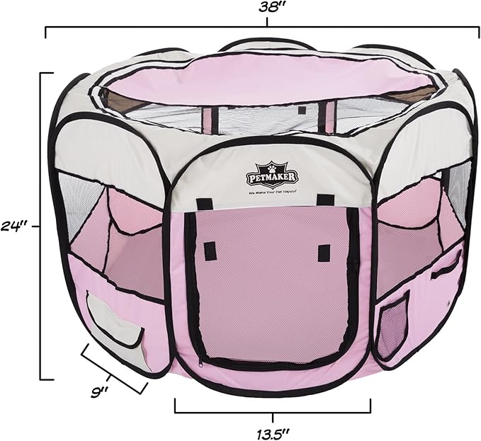 Pet Playpen - 38x24 Pop-Up Dog Kennel with Carry Bag - Portable Play Pen for Dogs, Cats, Rabbits, and Small Animals up to 25lbs by PETMAKER (Pink)