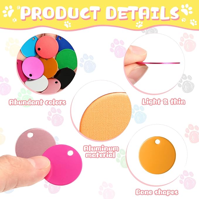 100 Pcs Blank Dog Pet Tags 25 mm for Engraving Aluminum Round Discs Smooth Metal Tag Colorful Double Stamping Tag Pendants with Hole for DIY Craft PET Tag Charm Supplies