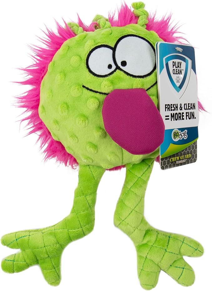 goDog PlayClean Germs Squeaky Plush Dog Toy with Odor-Eliminating Essential Oils, Chew Guard Technology - Lime, Large